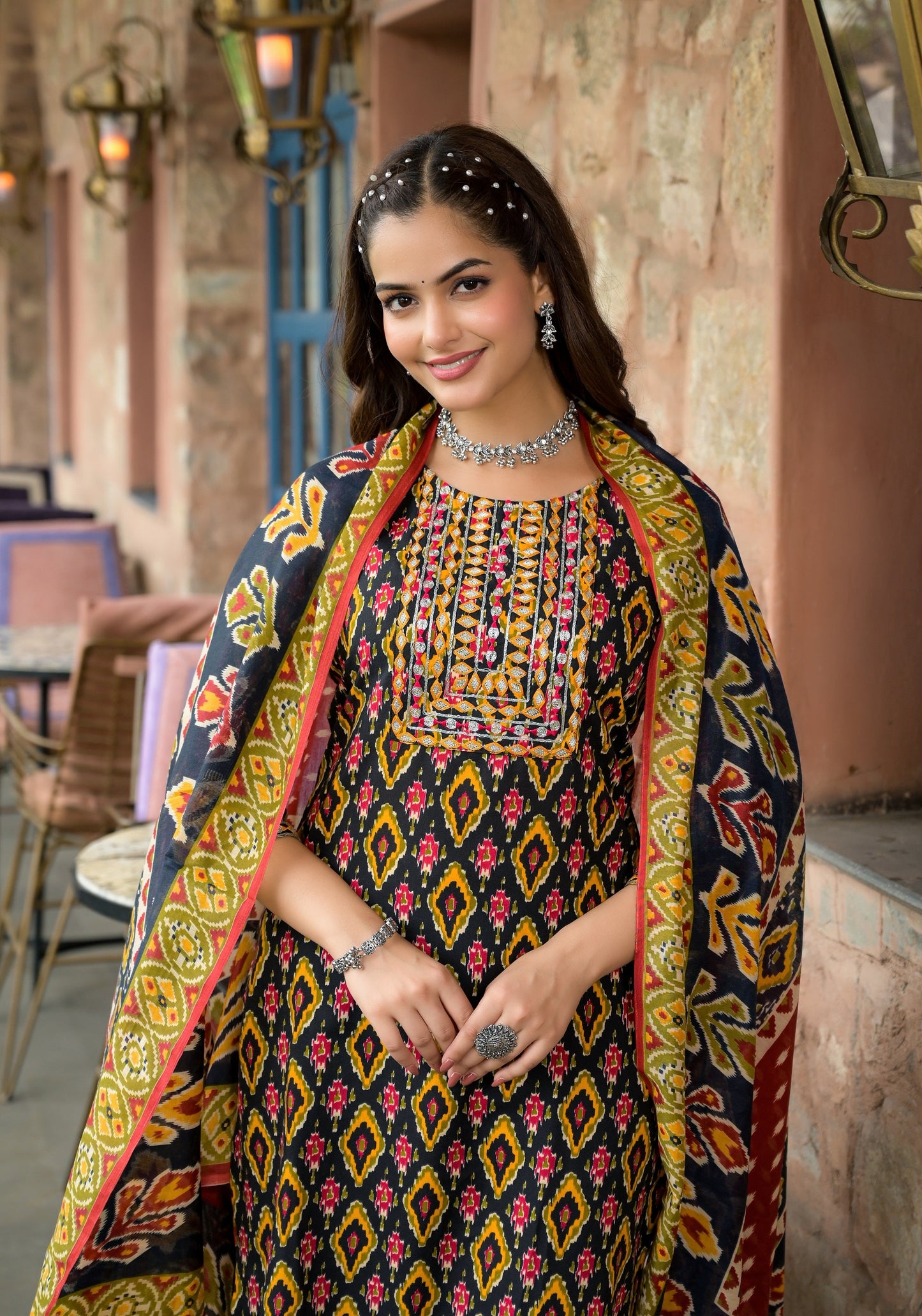 Women Yellow Embroidery Viscose Rayon Kurta, Pant And Dupatta Set