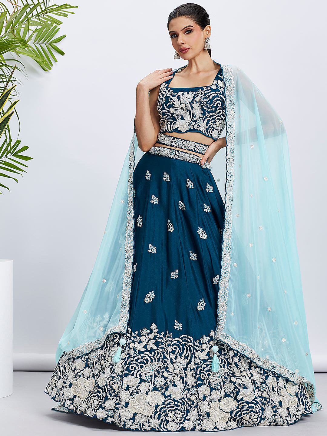 Women Teal Pure Georgette Sequins and thread embroidery Lehenga choli & Dupatta