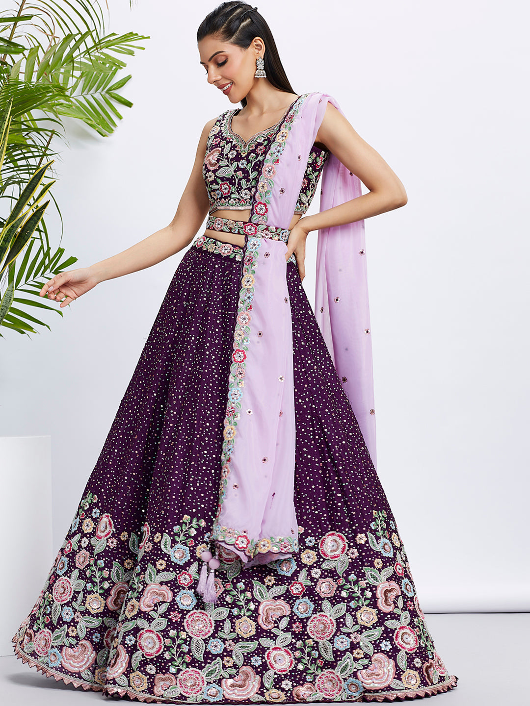 Women Purple Pure Chiffon Sequins and thread embroidery Lehenga choli & Dupatta
