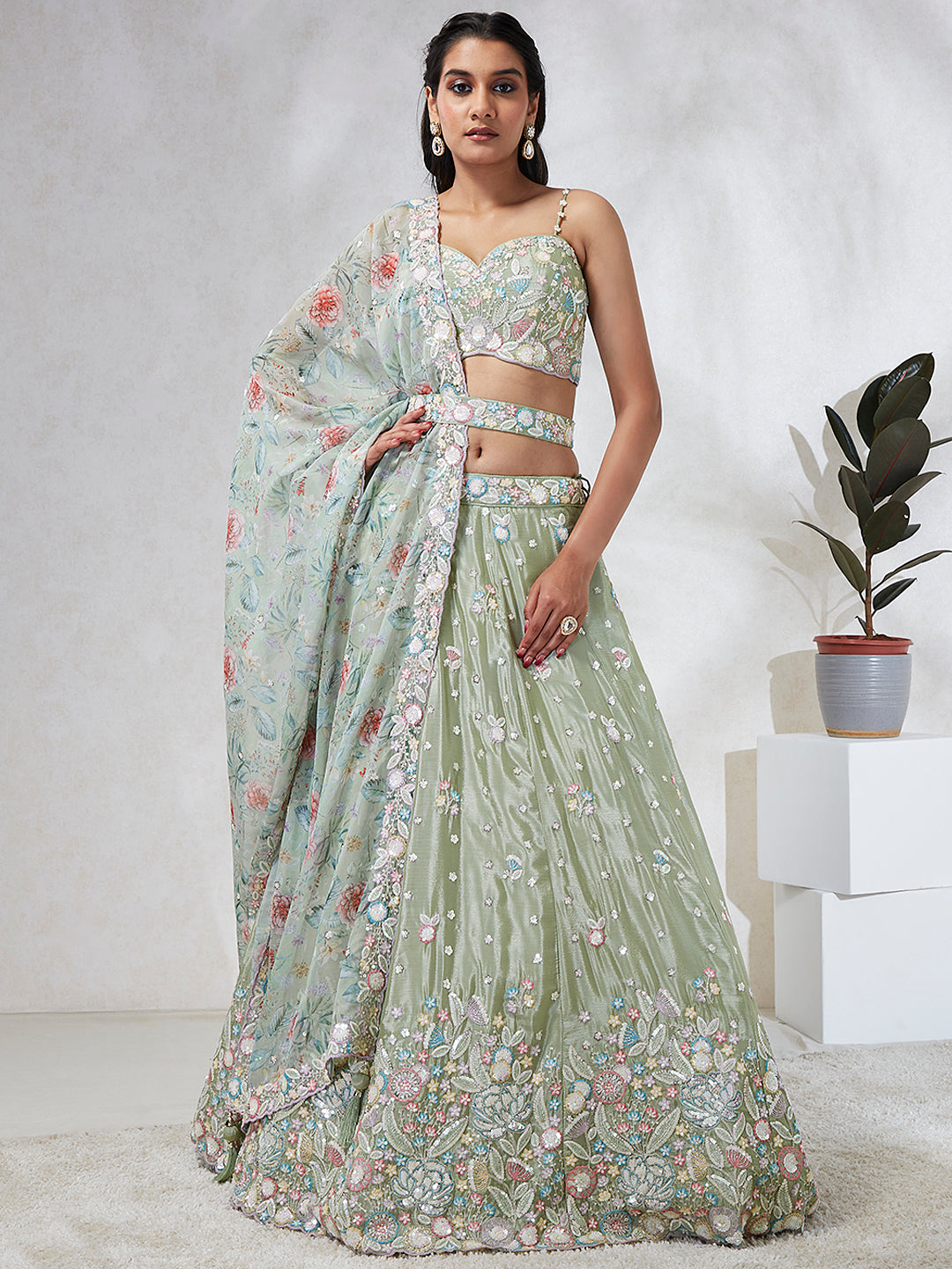 Women Lime green Chiffon Sequins and thread embroidery Lehenga choli & Dupatta