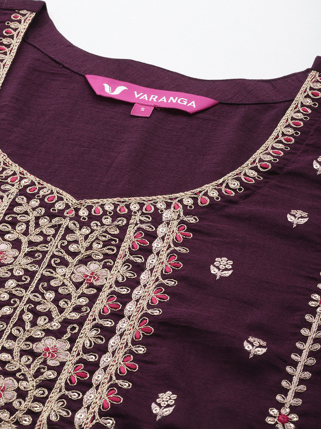 Dhiyona VR Women's Burgundy Embroidered Kurta Paired With Tonal Bottom And Dupatta