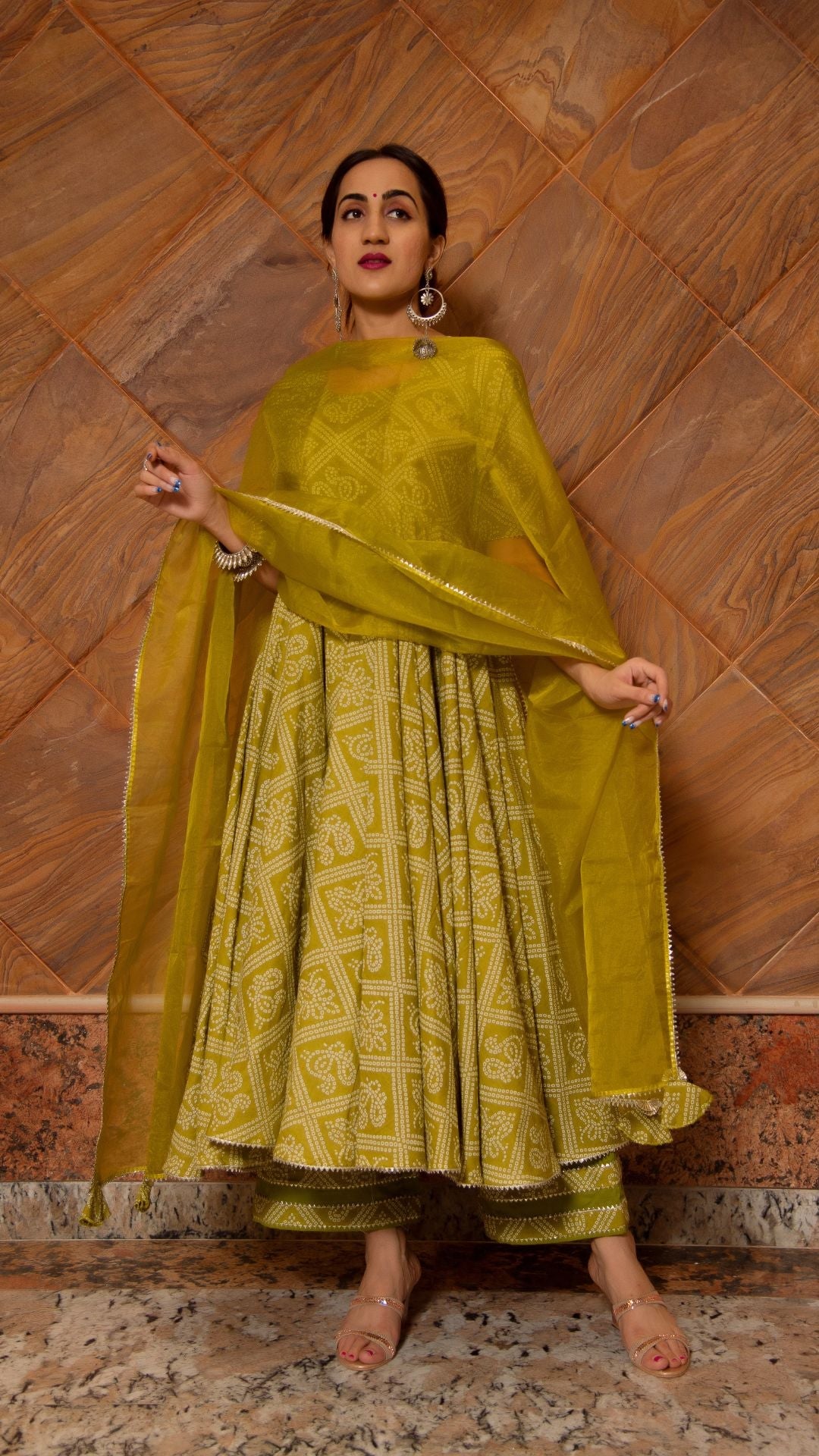 Bandhej Mehendi Green Cotton Anarkali Set