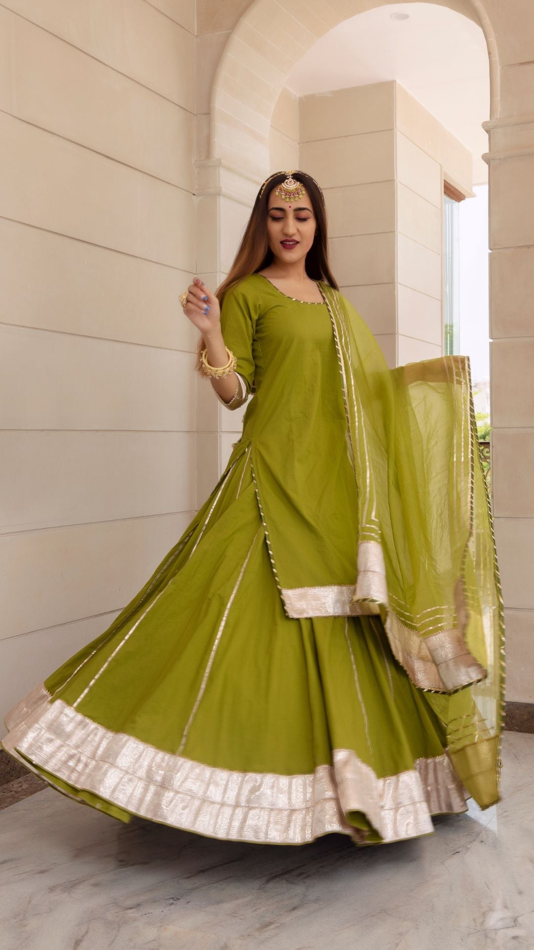 Falguni Green Long Kurta Skirt Set