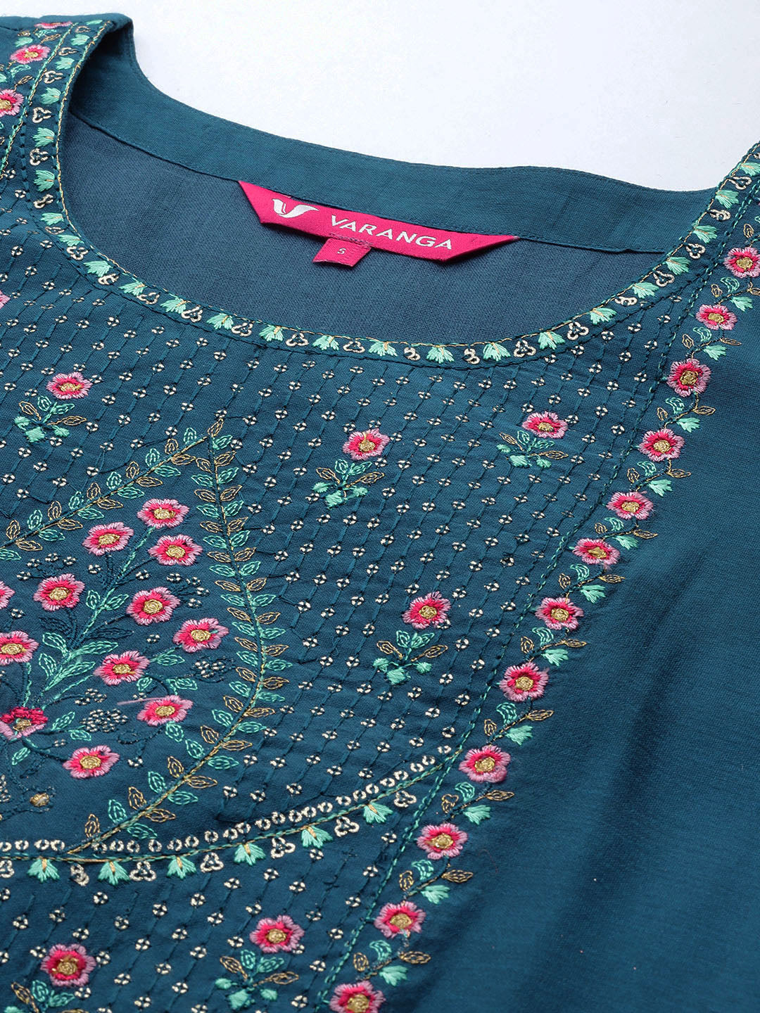 Dhiyona VR Women's Teal Embroidered Straight Kurta Paired With Tonal Bottom And Dupatta With Four Side Fringes