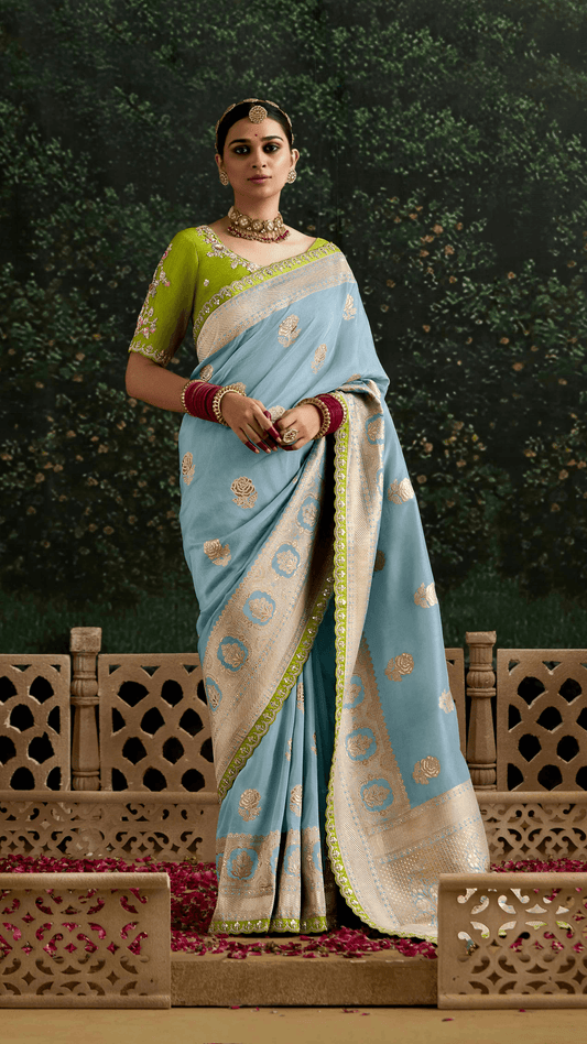 Dhiyona KM Women Sky Blue Banarasi Dola Silk Saree