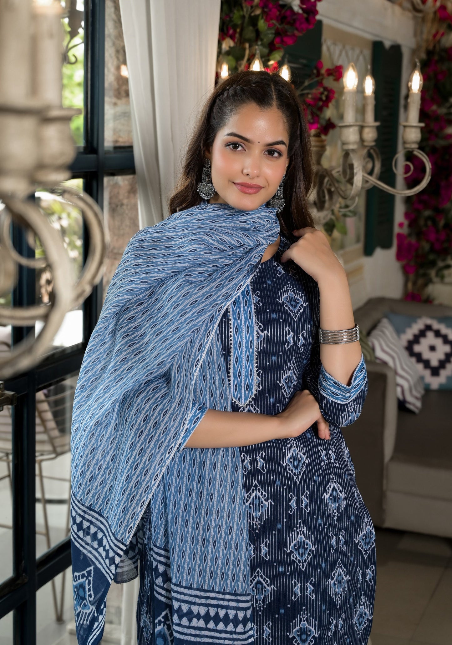Women Blue Embroidery Viscose Rayon Kurta, Pant And Dupatta Set