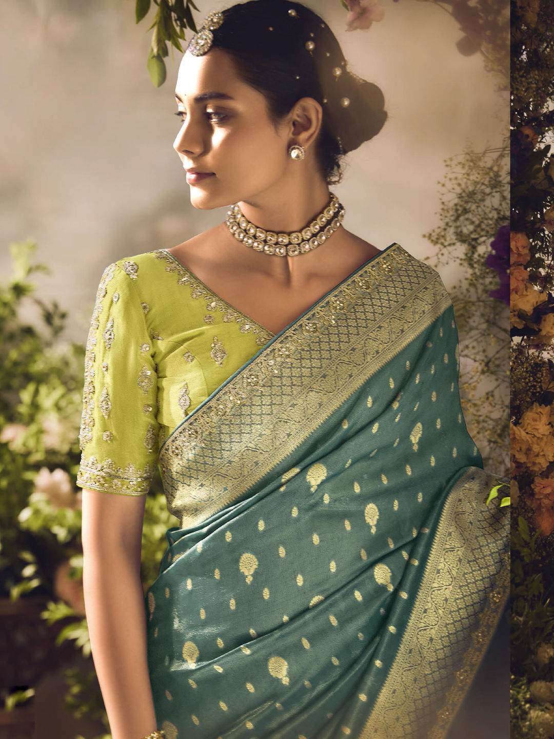 Dhiyona KM Women Teal Blue Banarasi Zari Tissue Saree “ A Dreamy Drape By Kimora