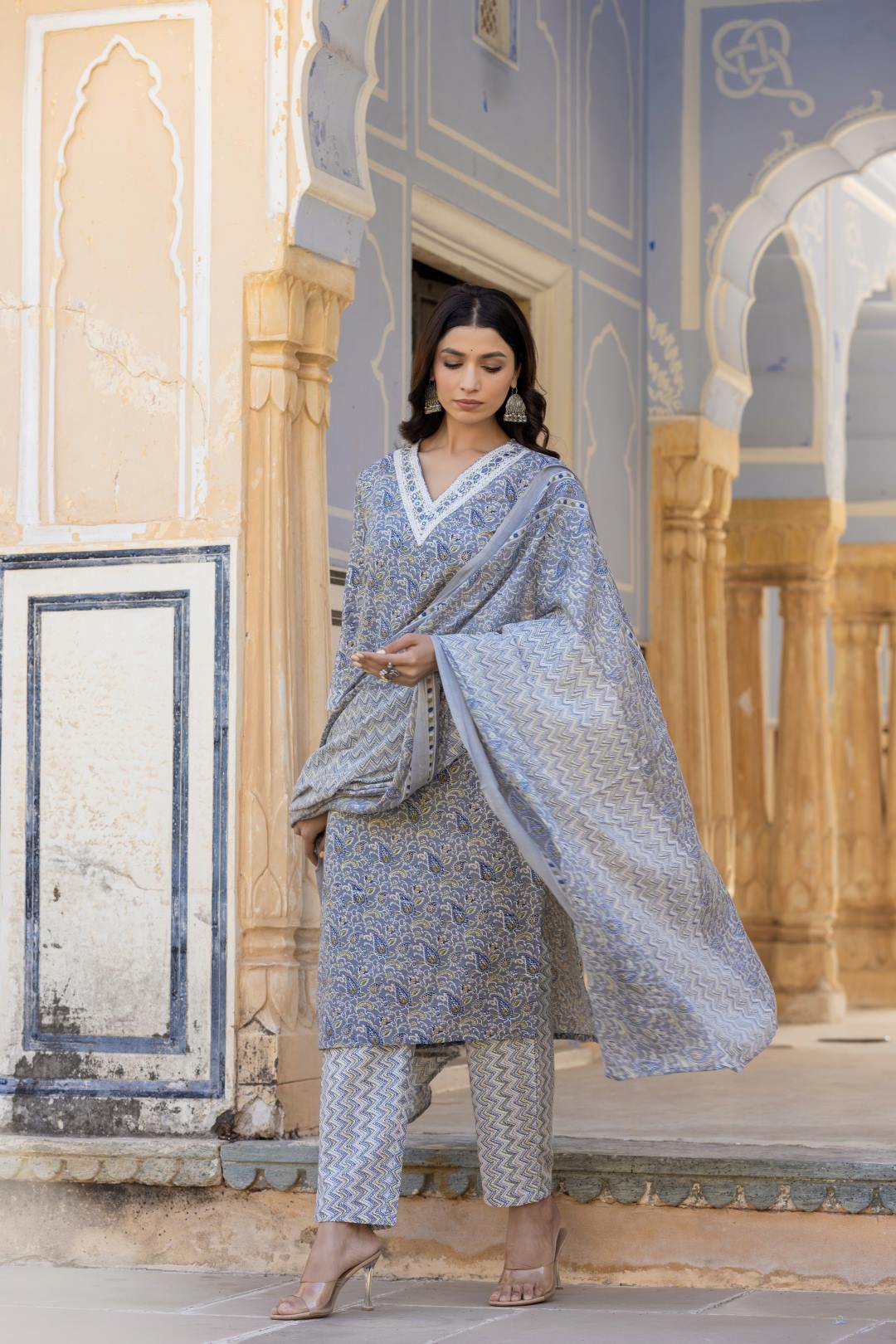 Dhiyona VR Women's Grey Embroidered V Neck Kurta With Printed Bottom And Dupatta