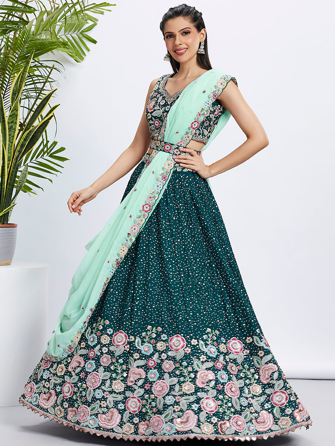 Women Green Pure Chiffon Sequins and thread embroidery Lehenga choli & Dupatta