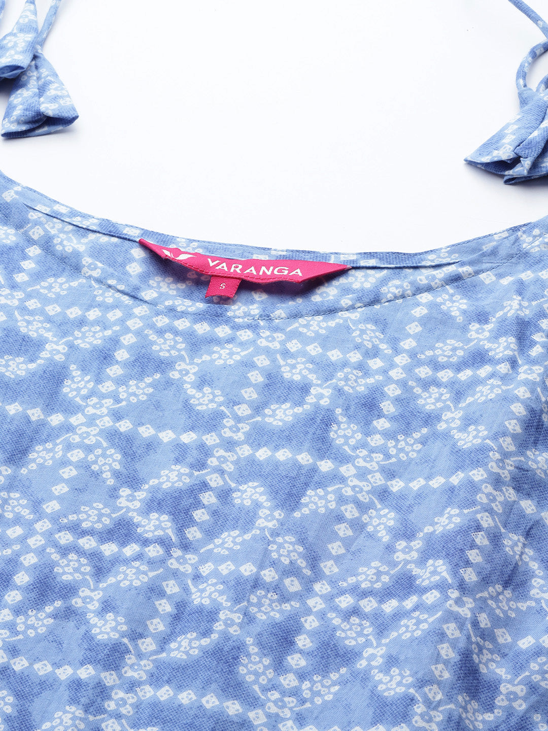 Dhiyona VR Women's Blue Bandhani Printed Kurta Spaghetti Strap With Drawstring Paired With Tonal Printed Bottom