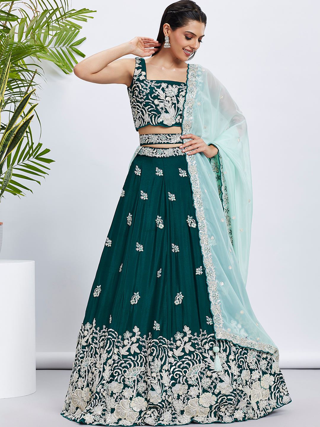 Women Green Pure Georgette Sequins and thread embroidery Lehenga choli & Dupatta