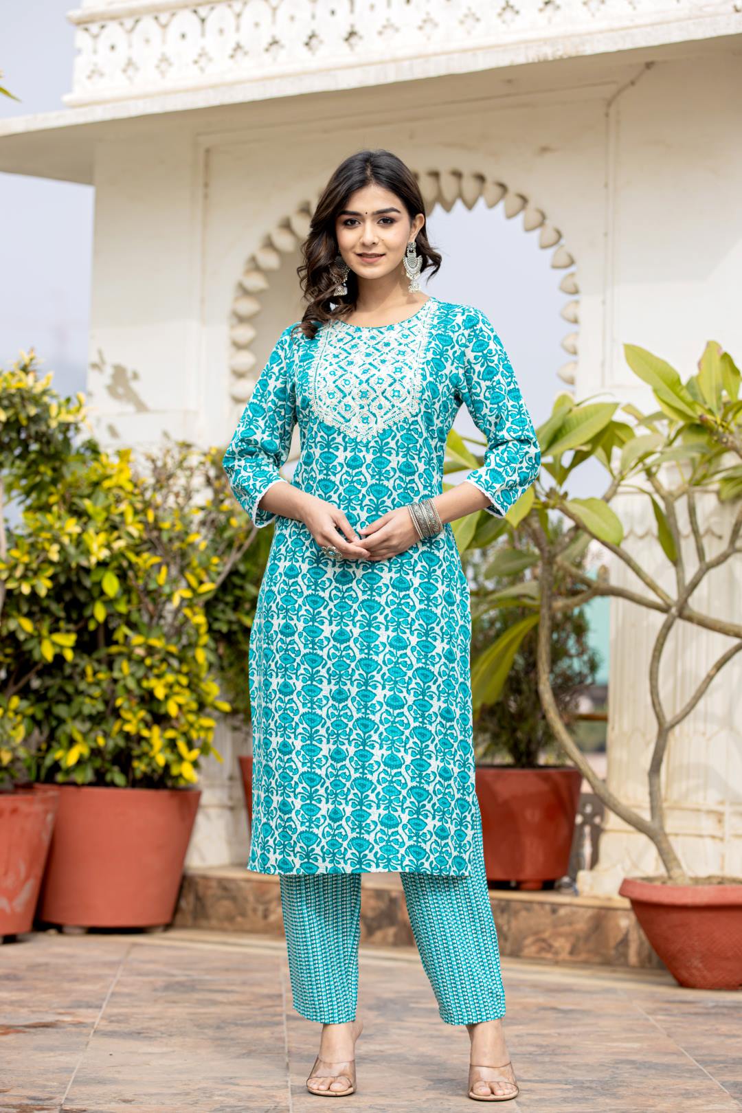 Dhiyona VR Women's Blue Printed Round Neck Yoke Embroidered Kurta Paired With Bottom And Dupatta