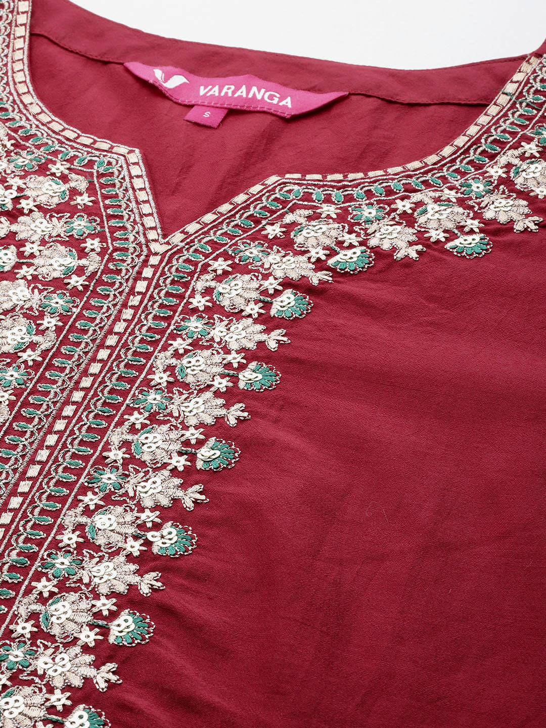 Dhiyona VR Women's Maroon Round Neck Yoke Embroidered Straight Kurta Paired With Tonal Embroidered Bottom And Contrast Dupatta With Fringes