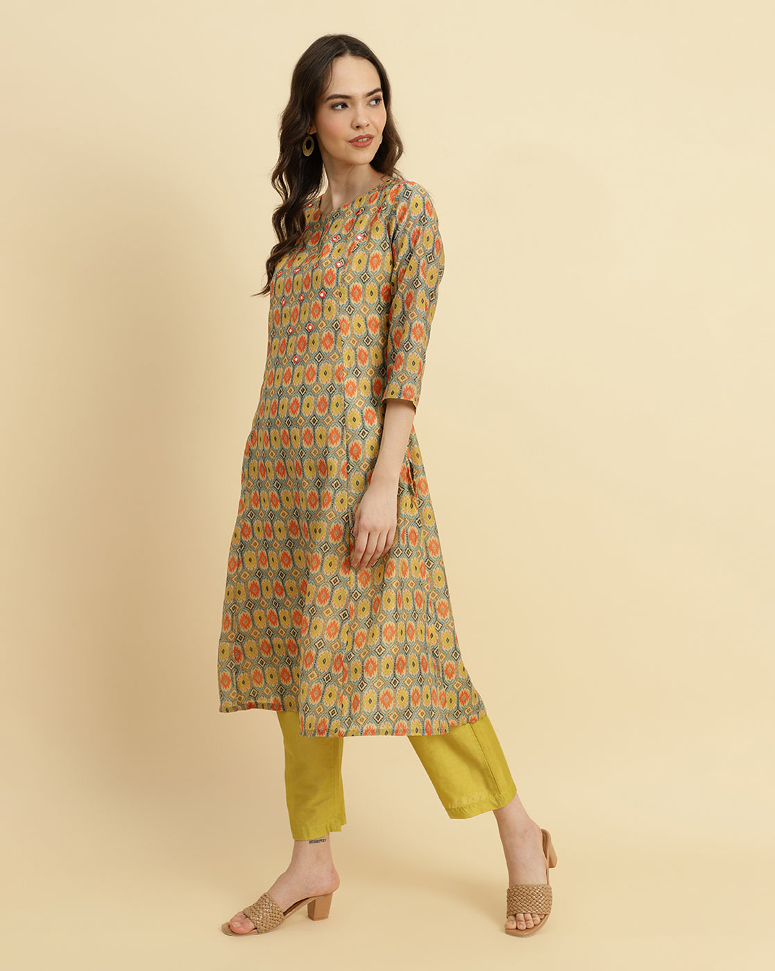 Dhiyona VR Women's Ikat Printed A-Line Mirror Embroidered Kurta Paired With Straight Trouser And Dupatta