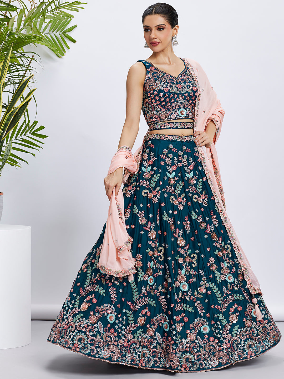 Women Teal Pure Georgette Sequins and thread embroidery Lehenga choli & Dupatta