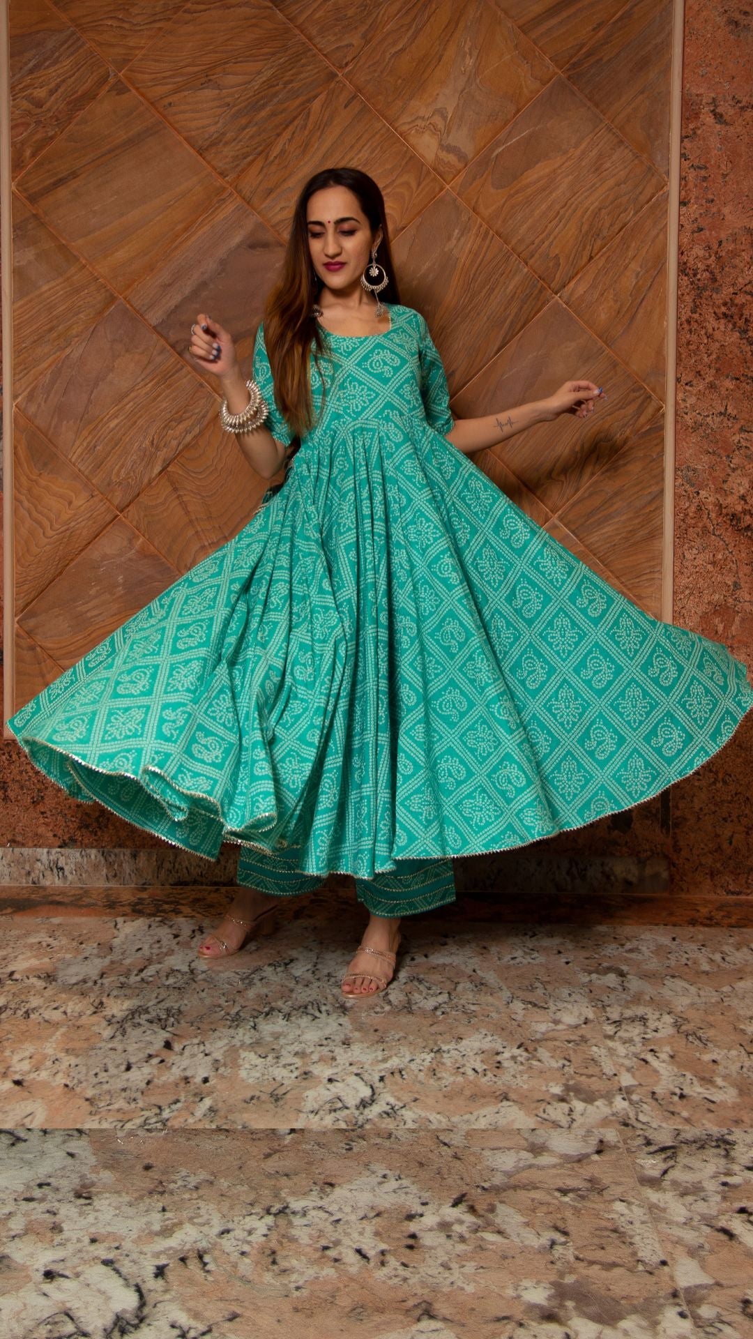 Bandhej Tiffany Blue Cotton Anarkali Set