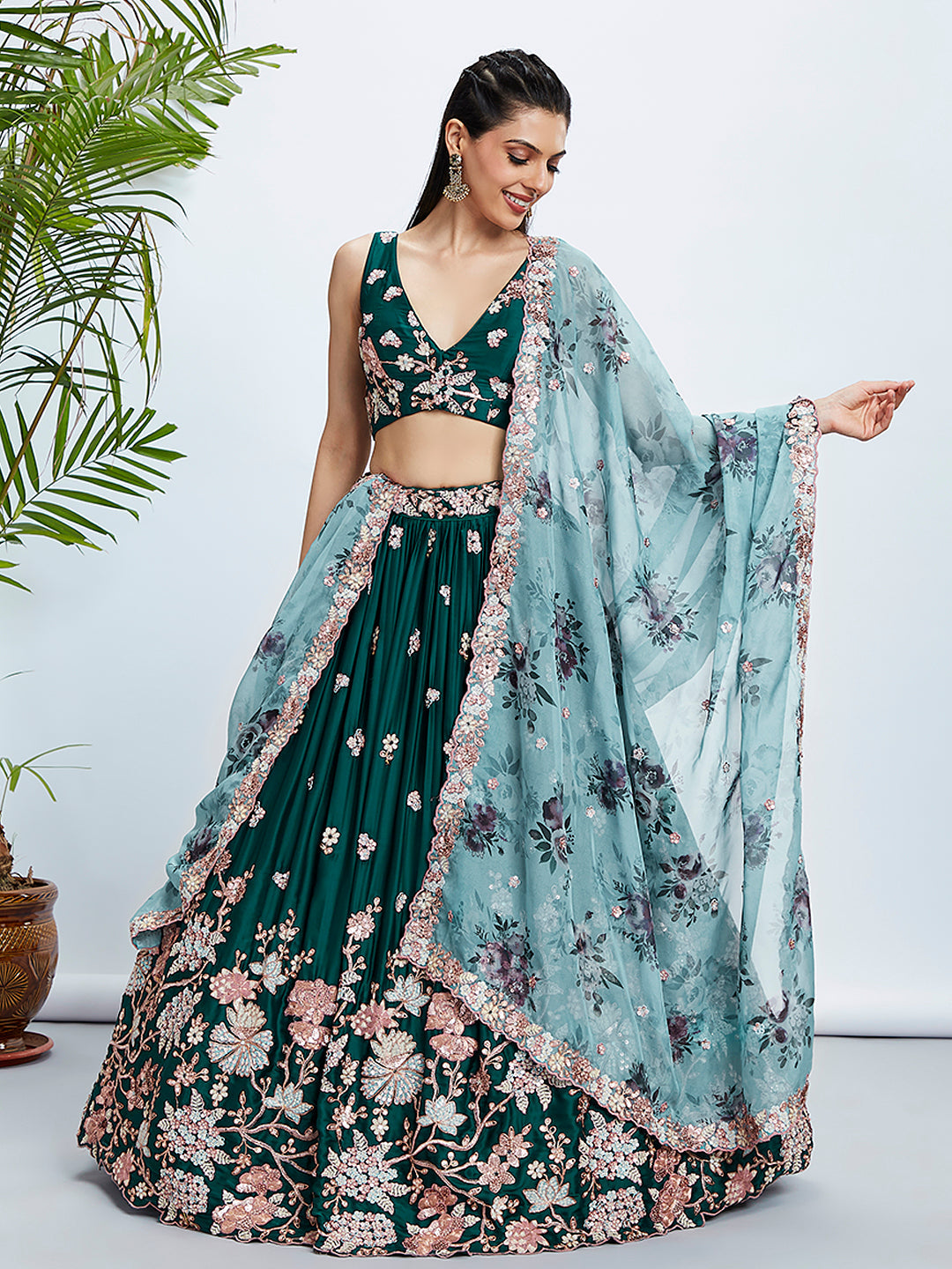 Women Green Pure Georgette Sequins and thread embroidery Lehenga choli & Dupatta