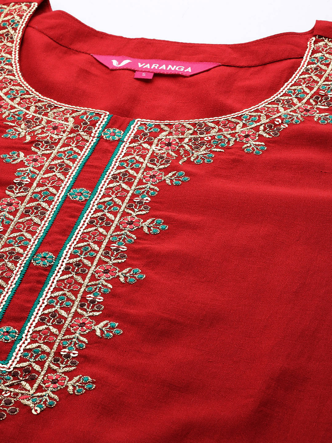 Dhiyona VR Women's Red Embroidered Straight Kurta Paired With Tonal Bottom And Contrast Dupatta With Four Sided Fringes