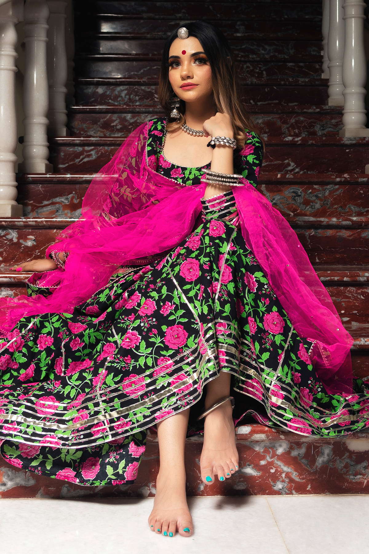 Gulmohar Cotton Hand Block Skirt Set
