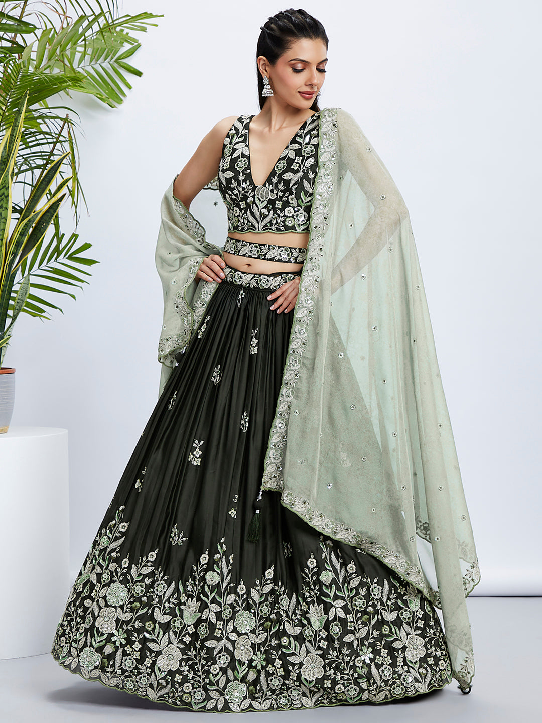 Women Olive Pure Georgette Sequins and thread embroidery Lehenga choli & Dupatta