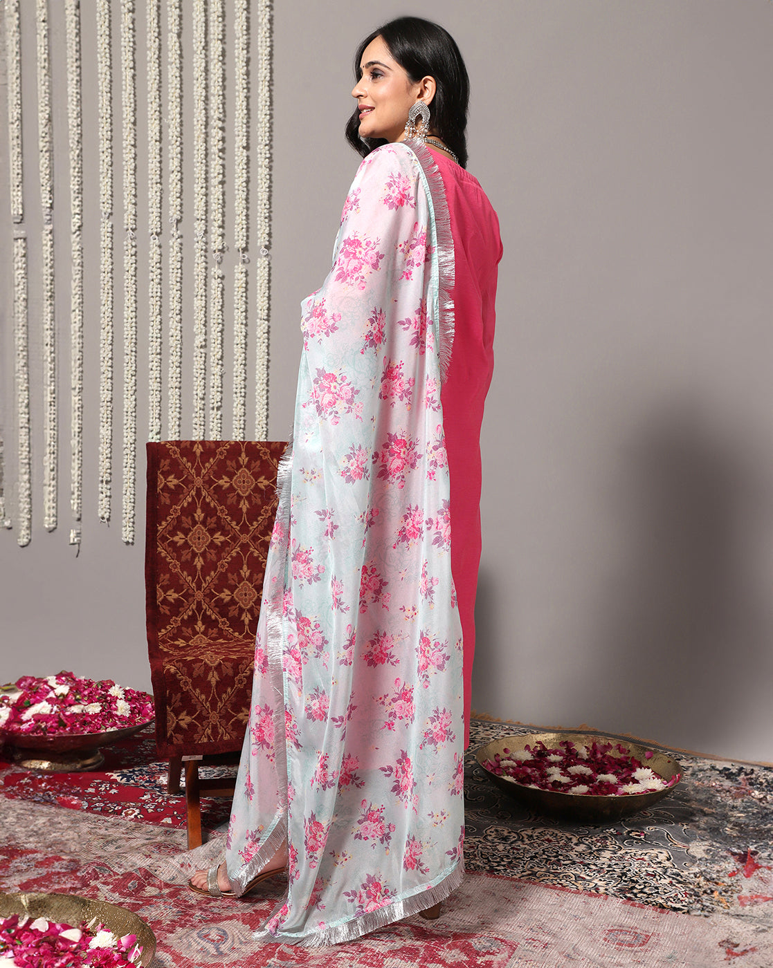 Dhiyona VR Women's Pink Floral Embroidered Regular Chanderi Silk Kurta With Trousers & With Dupatta