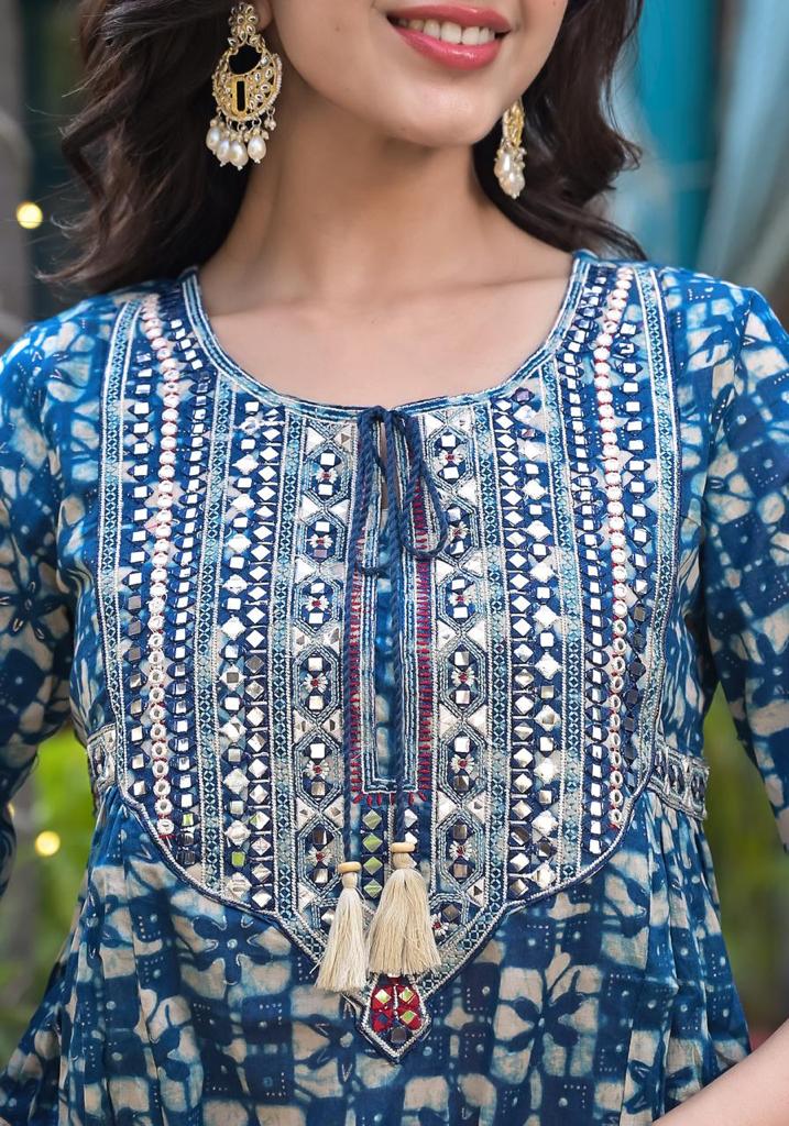 Dhiyona VR Women's Blue Mirror Work Yoke Embroidered A-Line Kurta Paired With Tonal Afghan Bottom And With Dupatta