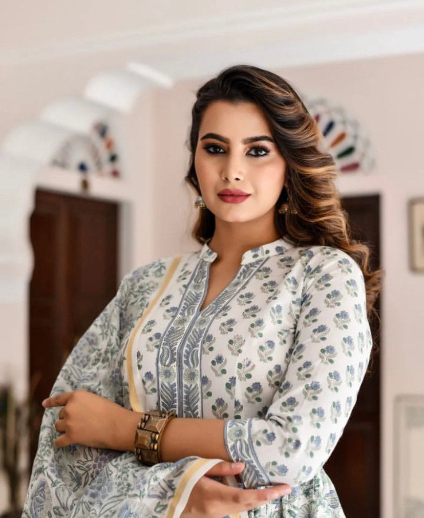 Women White Printed Pure Cotton Kurta, Pant And Dupatta Set