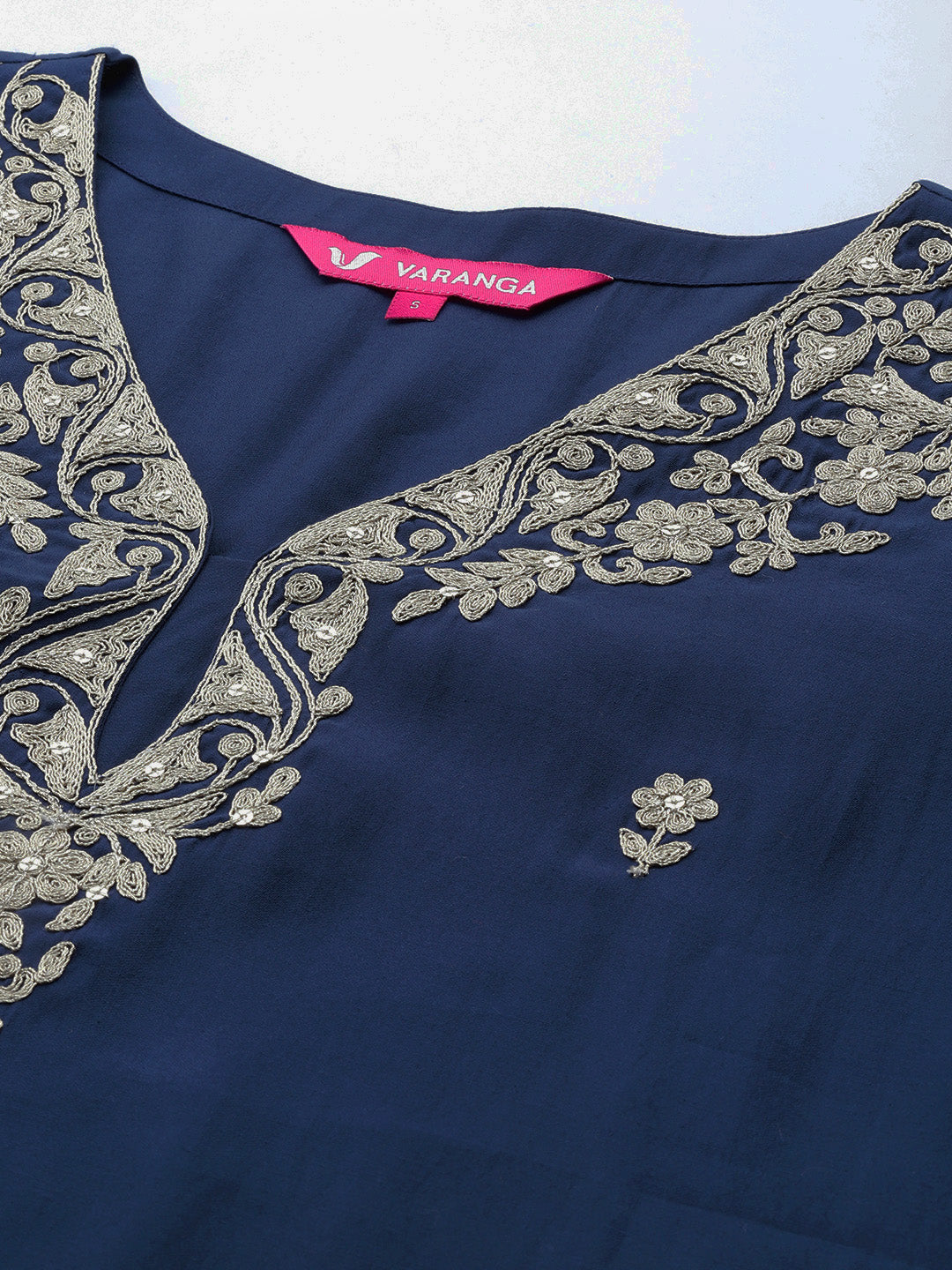 Dhiyona VR Women's Navy Blue Placement Design Zari Embroidered Kurta Paired With Tonal Bottom And Tonal Chiffon Dupatta