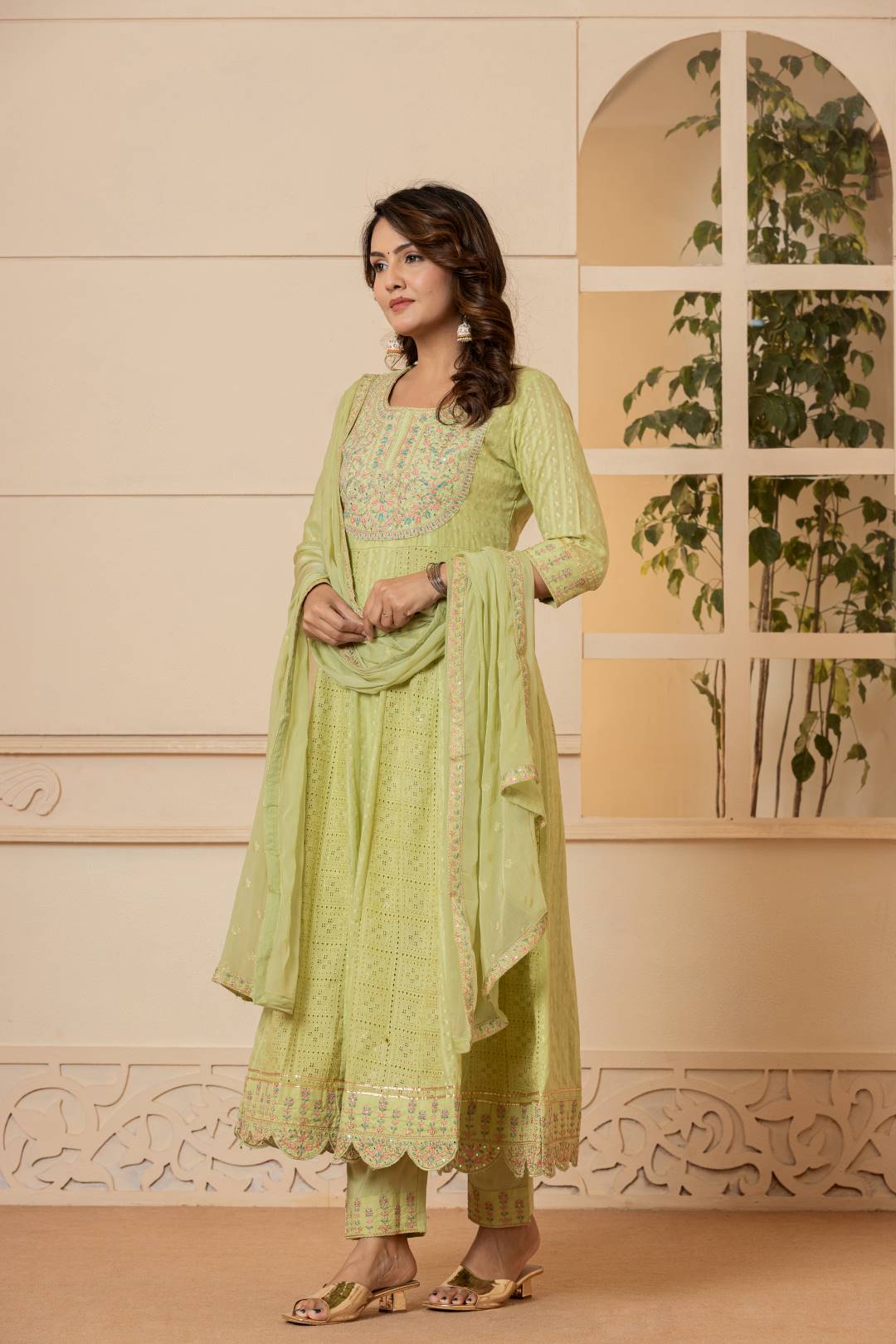 Dhiyona VR Women's Lime Green Mirror And Thread Embroidered,Gotta Embellished Scalloped Schiffli Anarkali Kurta Paired Wirh Printed Bottom And Embroidered Dupatta