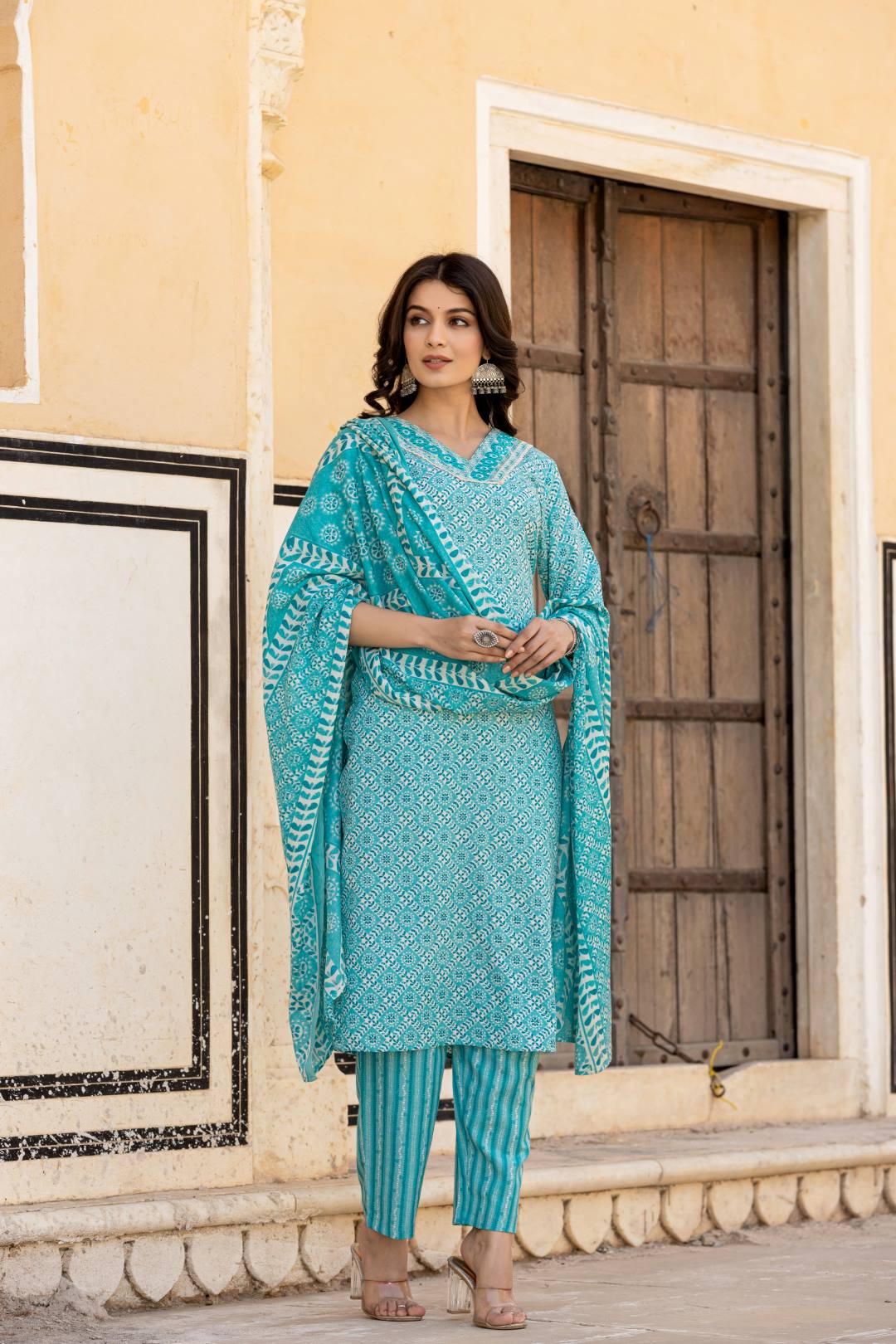 Dhiyona VR Women's Blue V Neck Thread Embroidered Kurta Paired With Printed Bottom And Dupatta