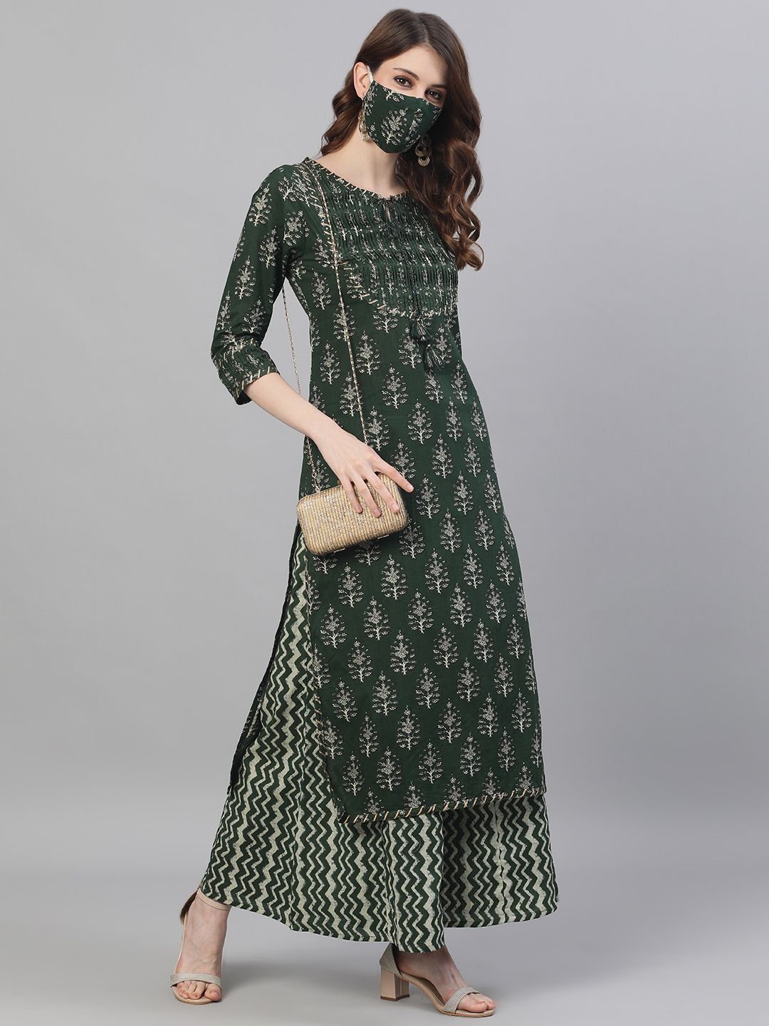 Dhiyona IS Women's Women Olive Green Beige Printed Tuck Detailed Kurta Palazzos