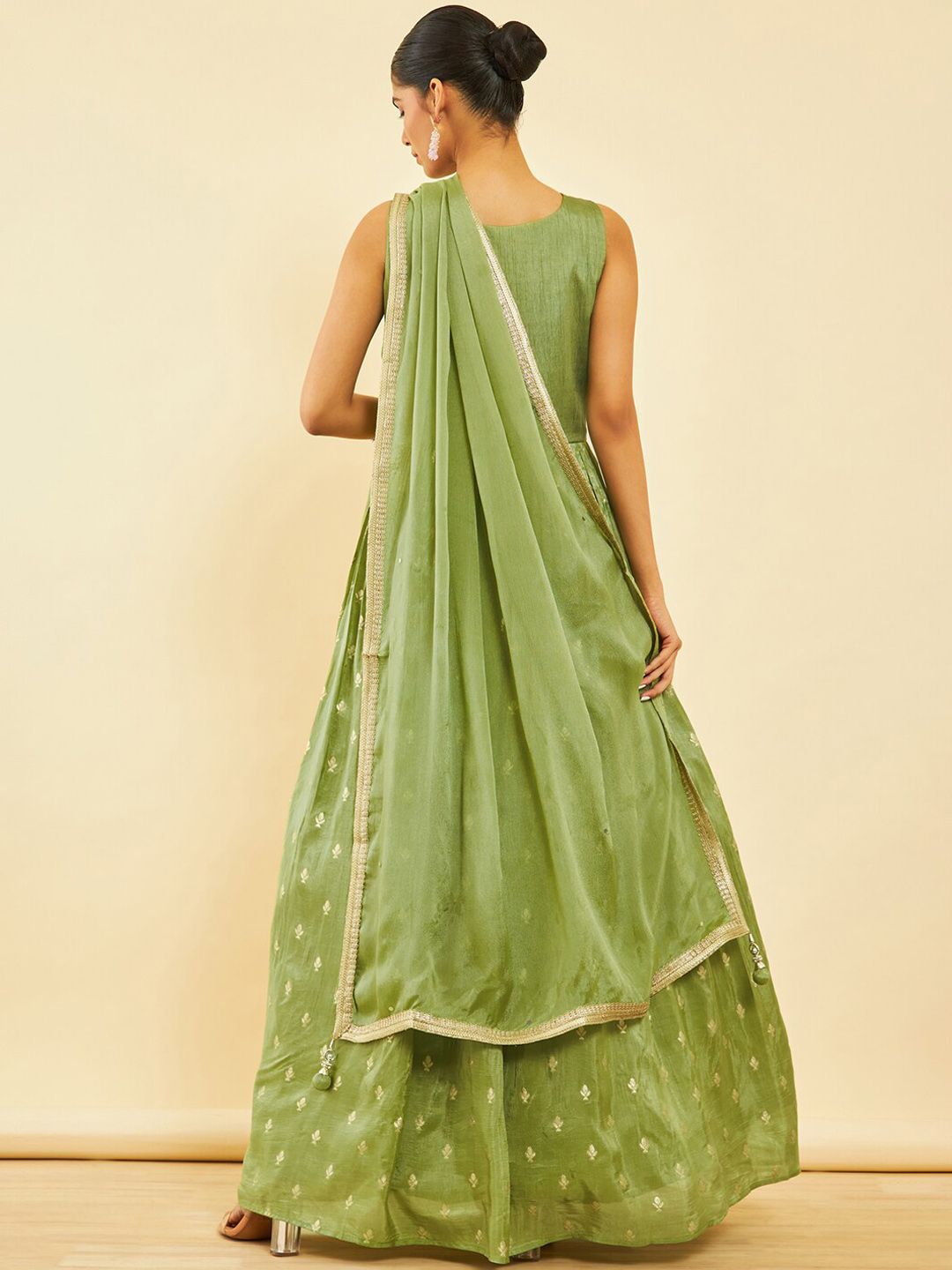 Dhiyona SO Women's Green Ethnic Motifs Embroidered Mirror Work Anarkali Kurta with Churidar & Dupatta