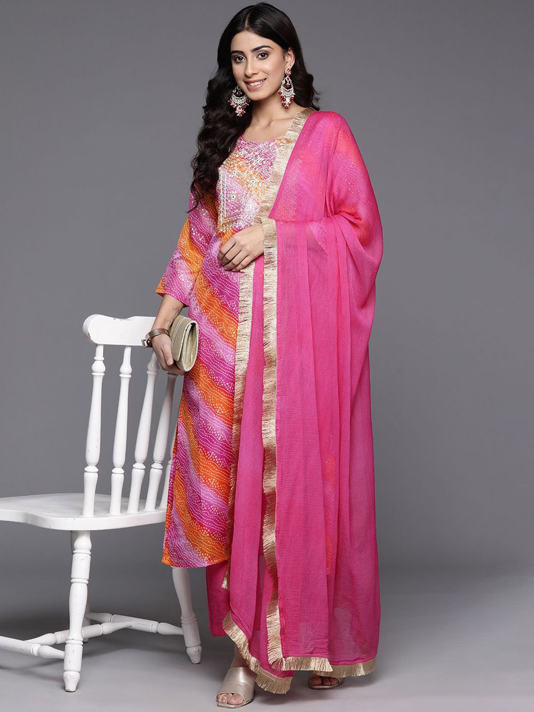 Dhiyona VA Women'sBandhani Printed Thread Work Straight Kurta With Trousers & Dupatta