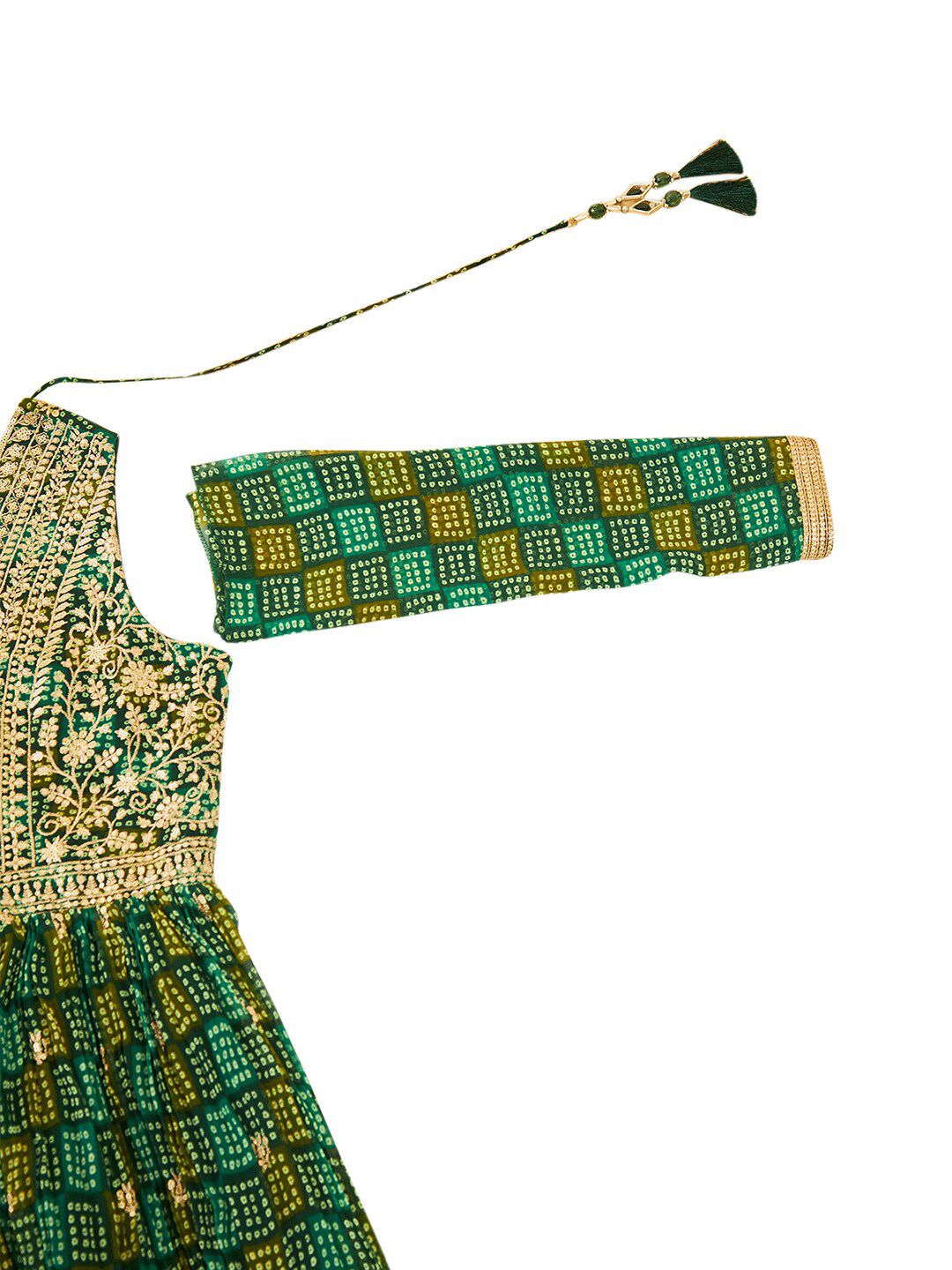 Dhiyona SO Women's Green Bandhani Printed Thread Work Georgette Anarkali Kurta & Churidar With dupatta