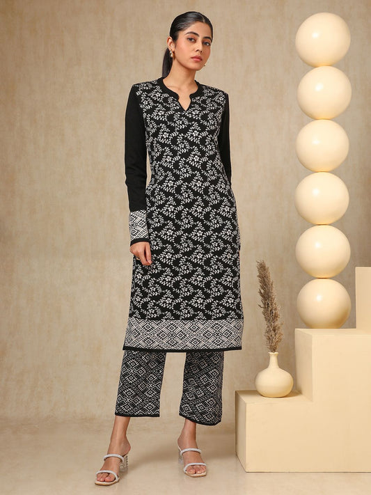 Dhiyona SO Women's Black Floral Woven Design Mandarin Collar Acrylic Straight Kurta With Trouser