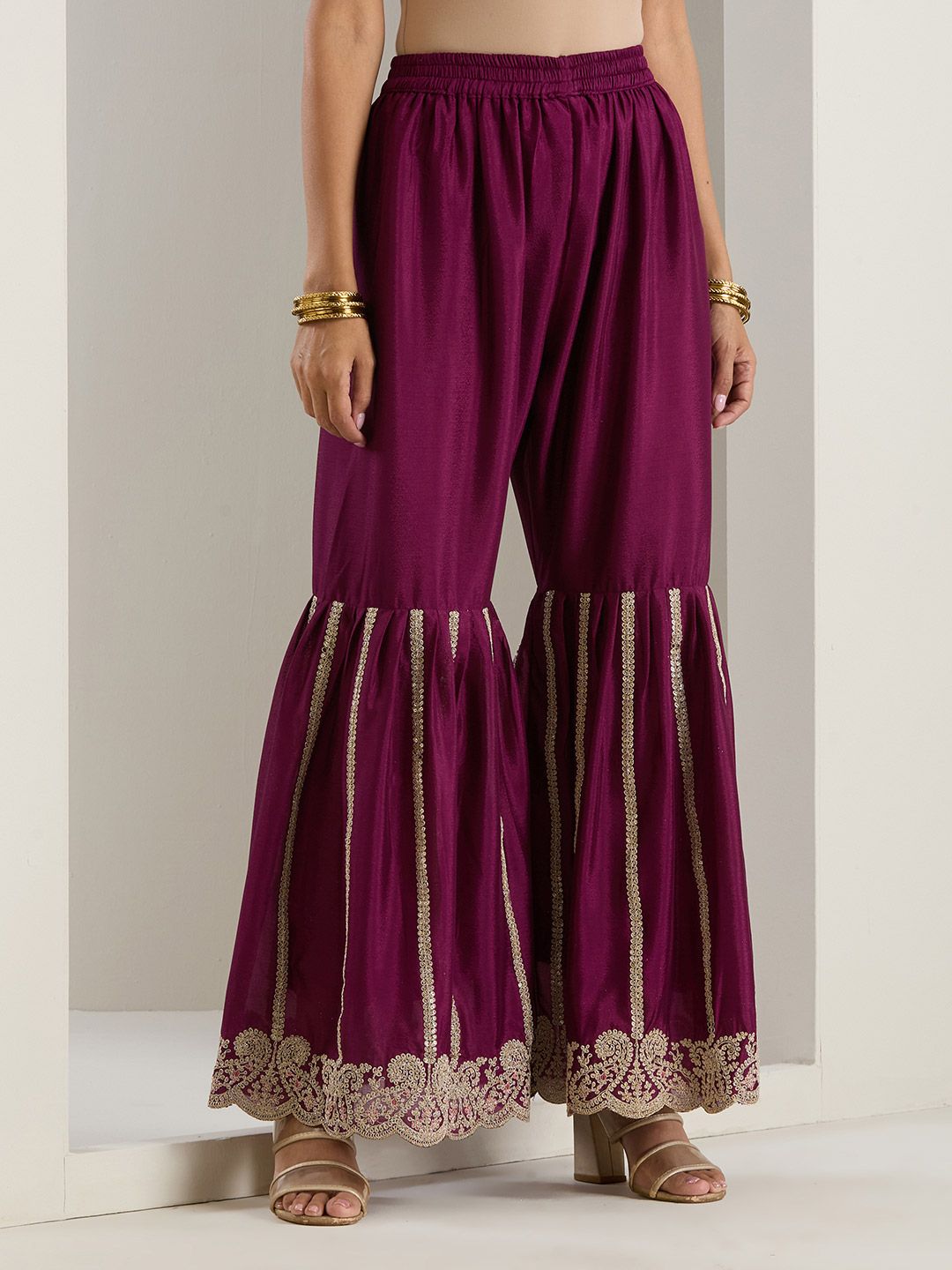 Dhiyona IS Women's Ethnic Motifs Embroidered Regular Thread Work Straight Kurta with Sharara & Dupatta