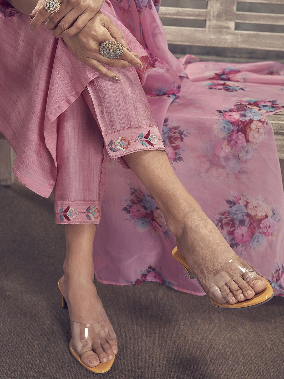 Pink Floral Embroidered Kurta & Trousers With Dupatta