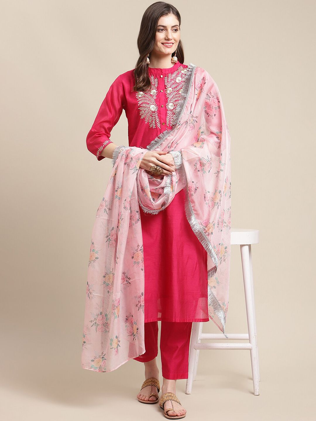 Dhiyona VA Women's Magenta Floral Chanderi Silk Kurta with Trousers & With Dupatta