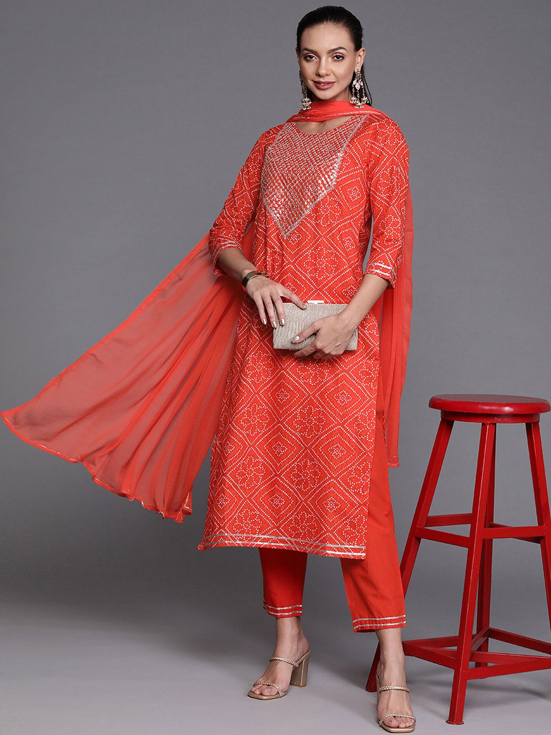 Bandhani Printed Sequined Kurta with Palazzos & Dupatta