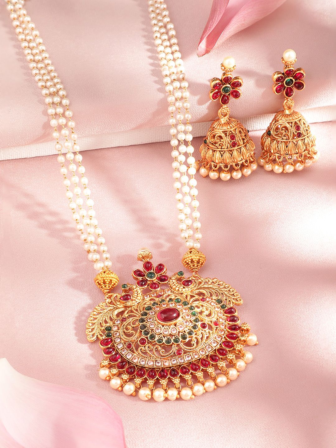 Dhiyona RJ Women's 22K Gold Plated Ruby Emerald & Cubic Zirconia Studded Pearl Beaded Jewellery Set