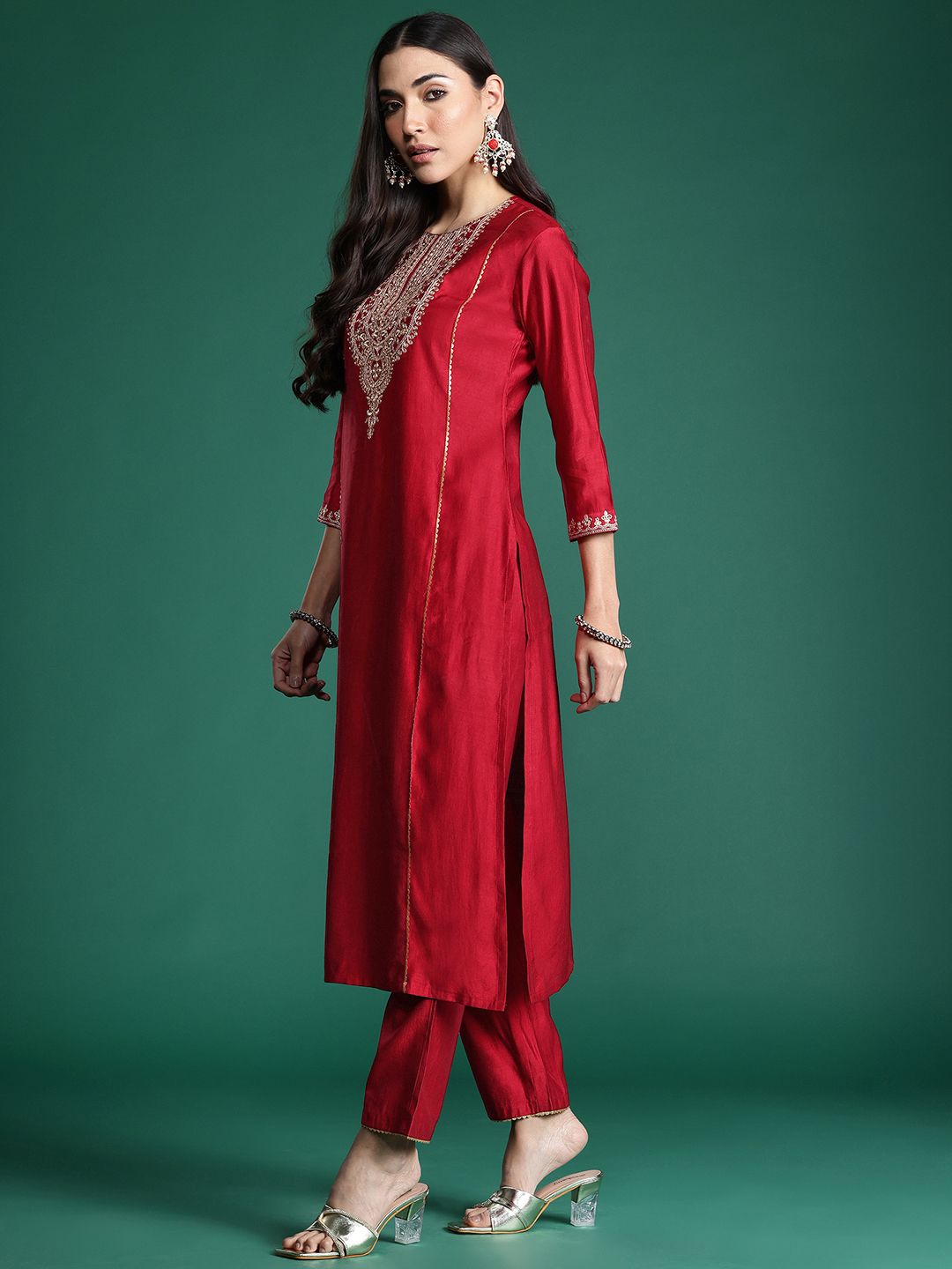 Women Ethnic Motifs Embroidered Panelled Liva Kurta with Trousers & With Dupatta