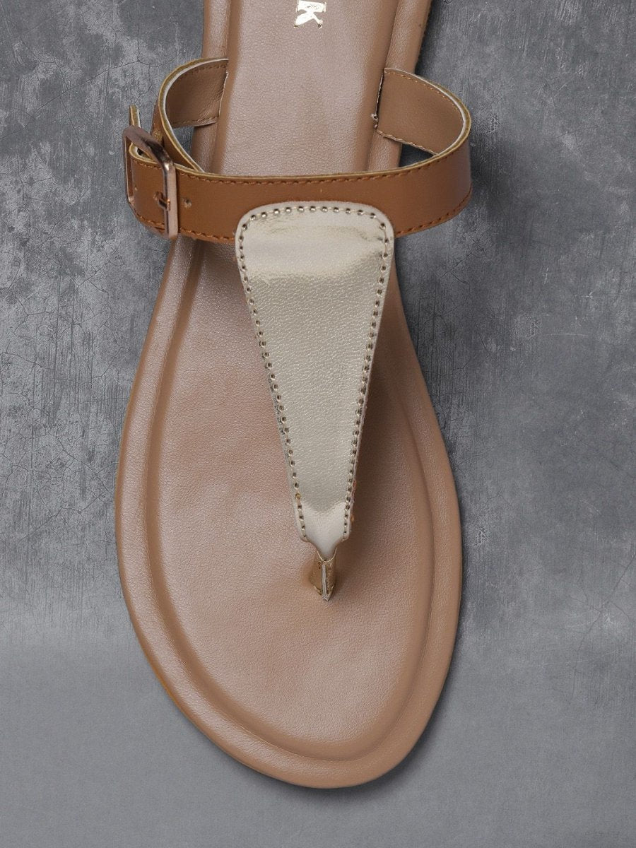 Dhiyona AK Women Gold-Toned & Brown Colourblocked T-Strap Flats