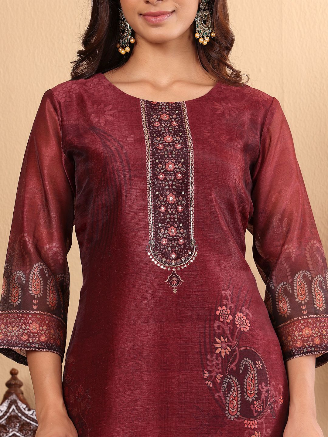 Dhiyona VA Women'sFloral Printed Sequinned Chanderi Silk Straight Kurta with Trousers & Dupatta