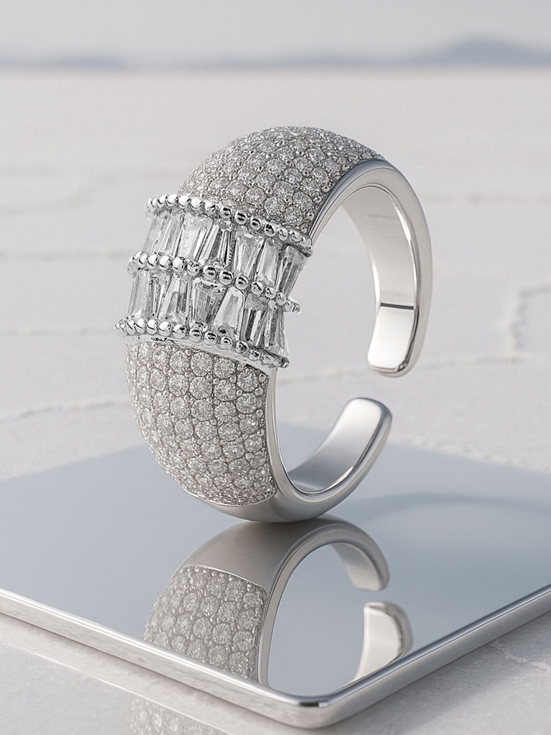 Dhiyona RJ Women's Rhodium Plated Pave & Baguette Cubic Zirconia Studded Adjustable Ring