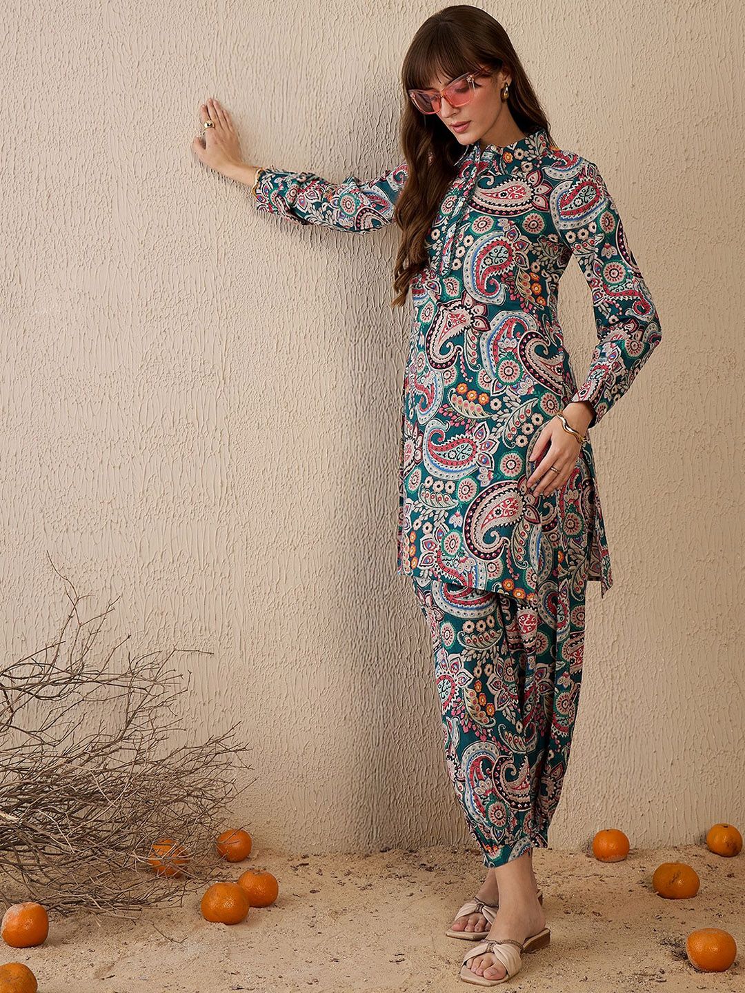 Dhiyona IE Printed Shirt Collar Pure Cotton Straight Tunic With Trouser
