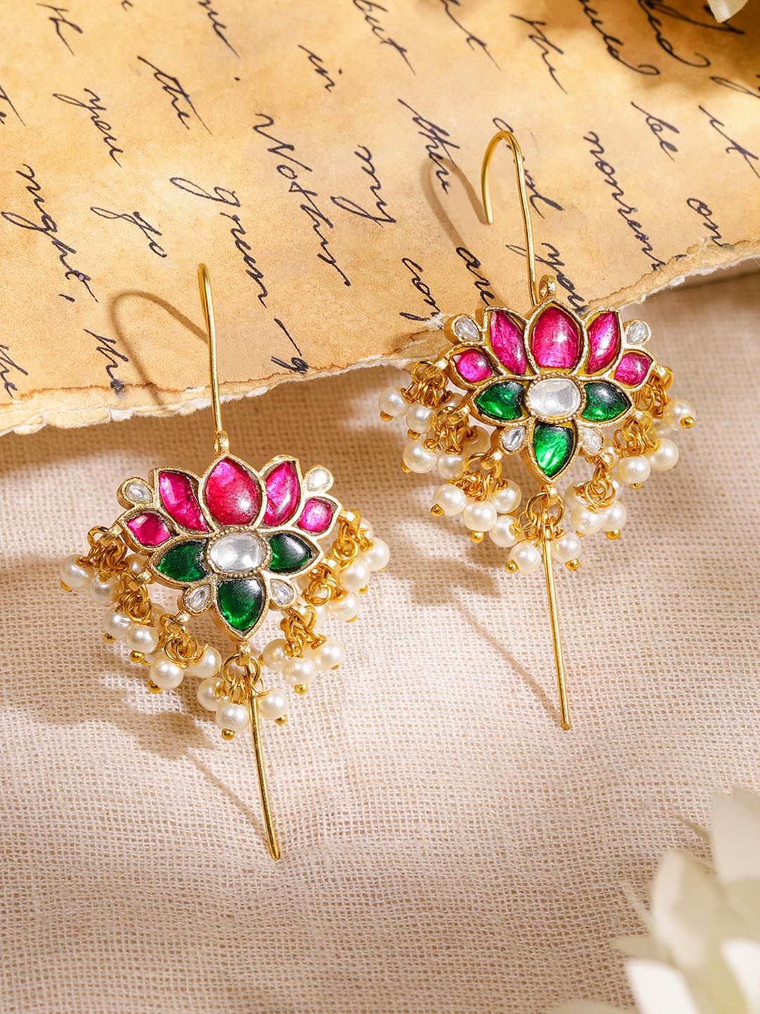 Dhiyona RJ Women's 22K Gold-Plated Ruby Pink, Emerald & Kundan Pearl Beads Lotus Design Ear Cuff