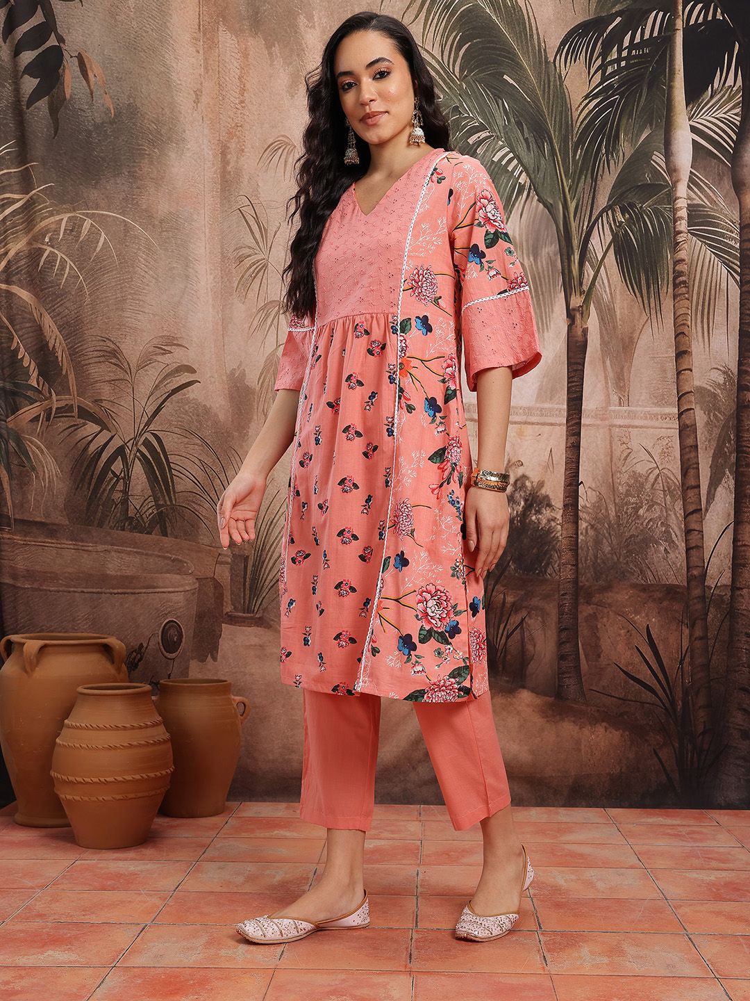 Dhiyona SN Women's Floral Print Schiffli Embroidered Lace Insert Detail Pure Cotton Kurta & Trousers