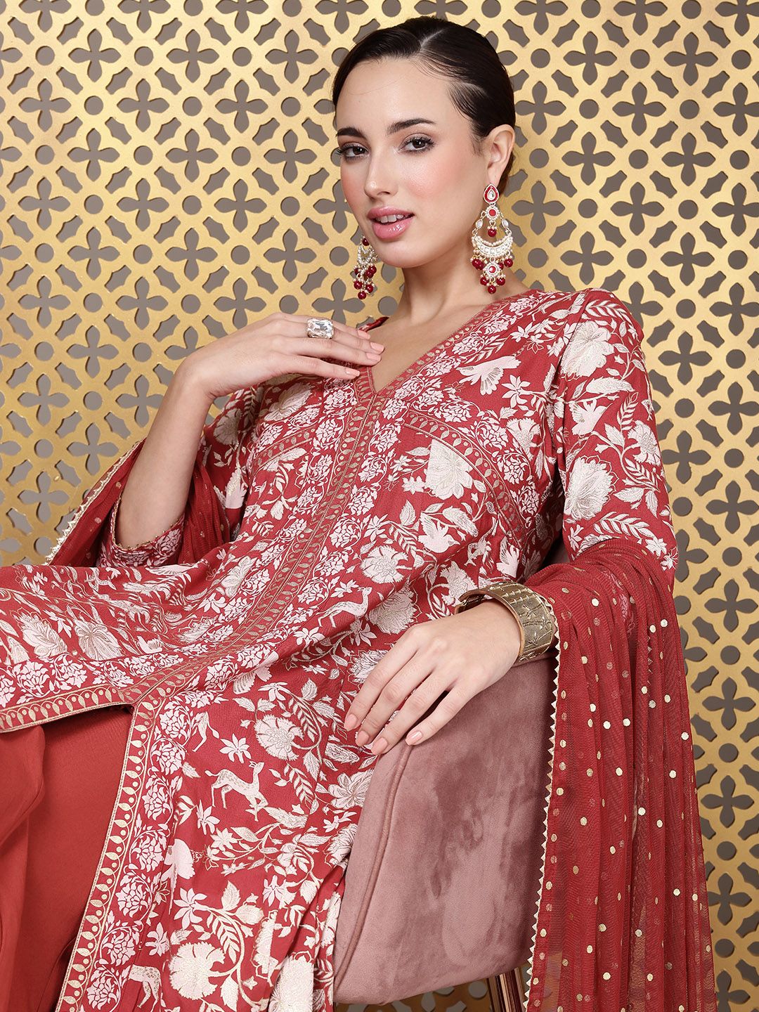 Dhiyona PD Women Jashn Ethnic Motifs Foil Printed A-Line Kurta With Palazzos & Dupatta