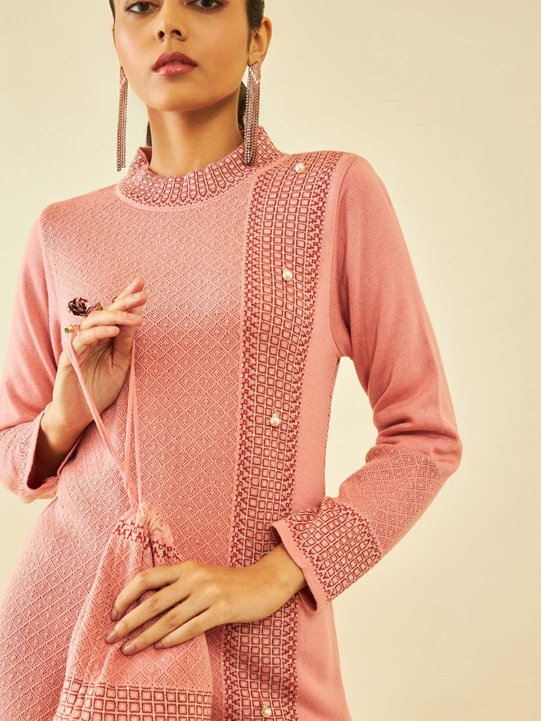 Dhiyona SO Women's Pink Self Design Regular Straight Kurta & Trousers With Potli Bag