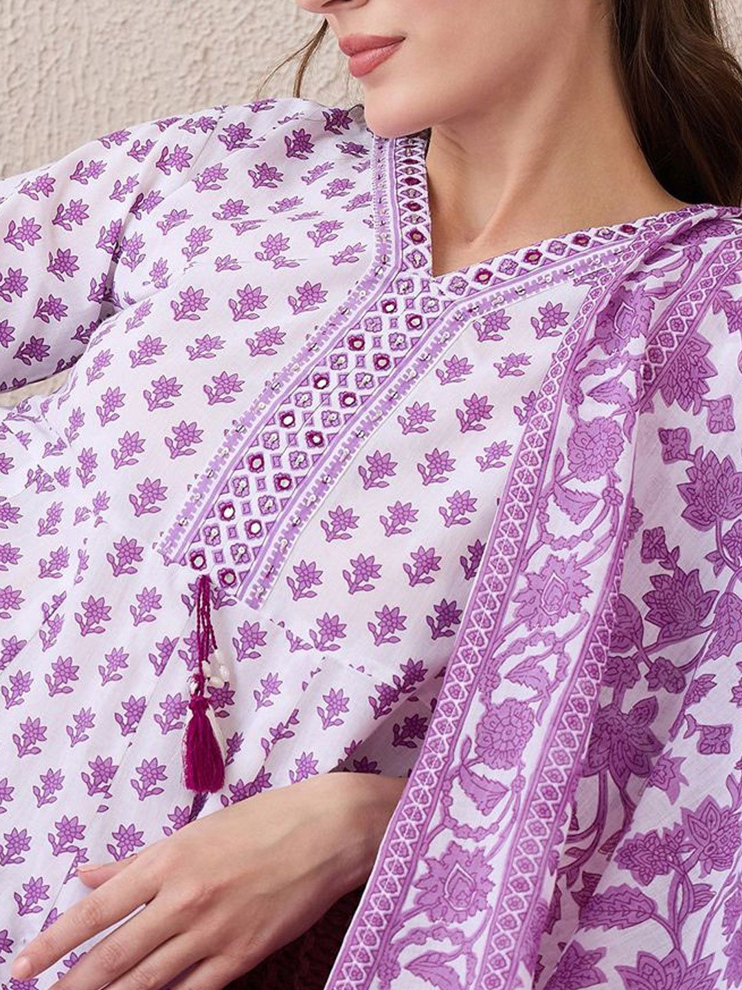 Dhiyona IE Floral Printed V-Neck Empire Pure Cotton Anarkali Kurta With Trouser And Dupatta